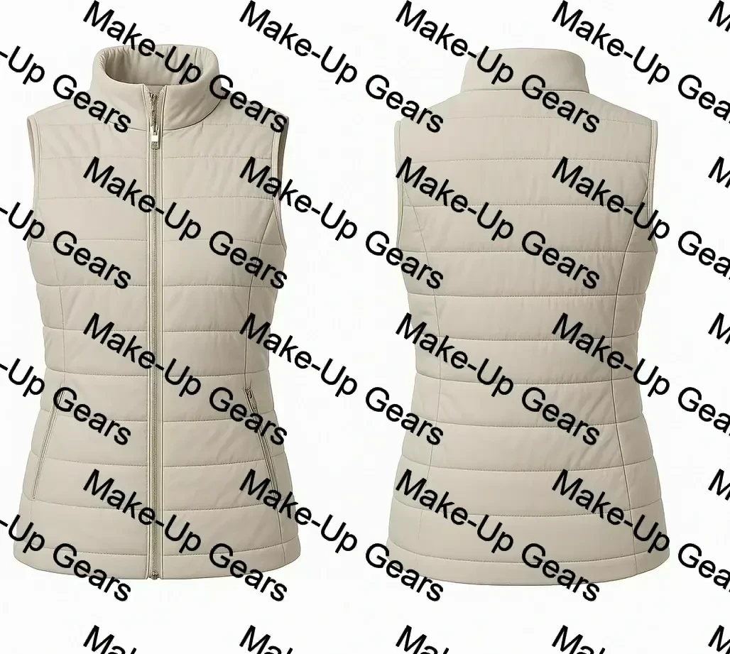 Light beige women’s insulated golf vest with stretch side panels and DWR shell