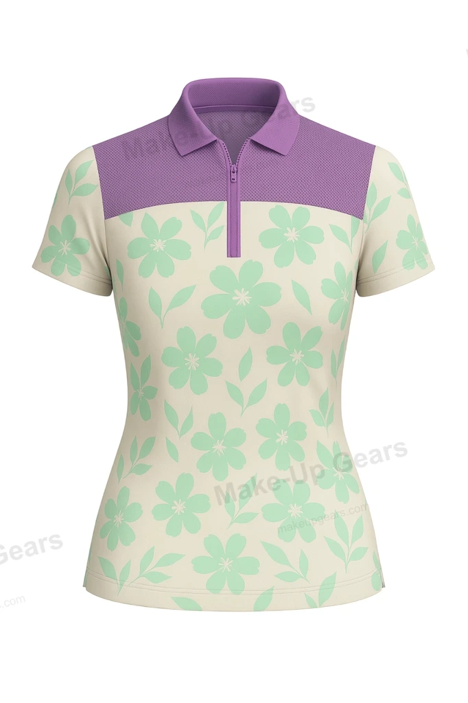Mesh-Yoke Zip Polo - Lavender Mint Bloom ART-MLGP-1194
