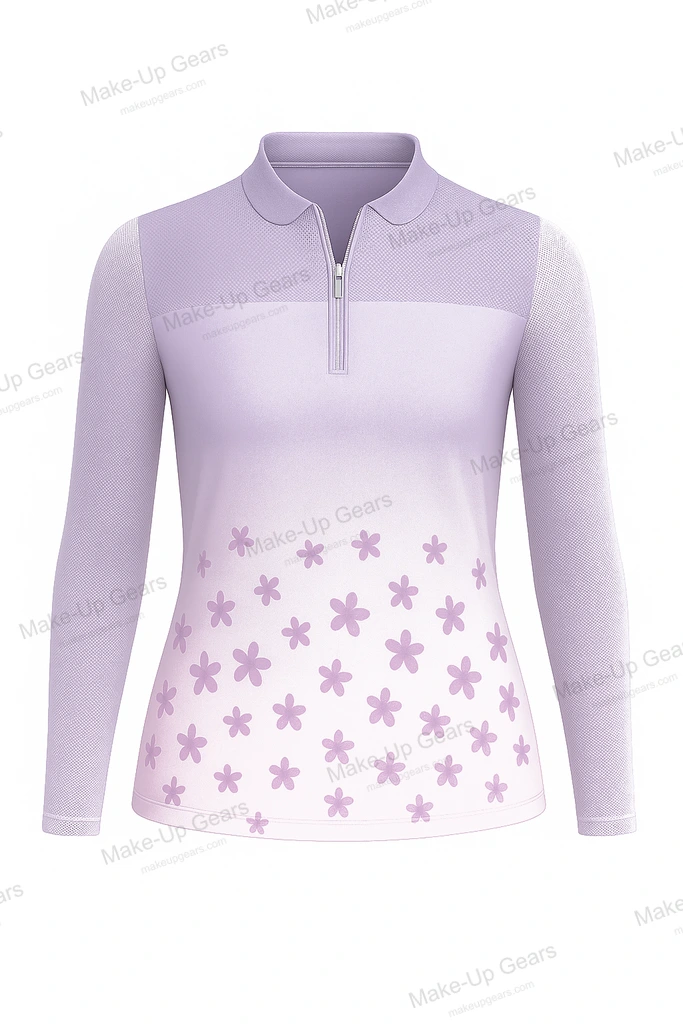 Meadow Bloom Zip Polo Soft meadow flower pattern transitioning from hem ART-MLGP-1229